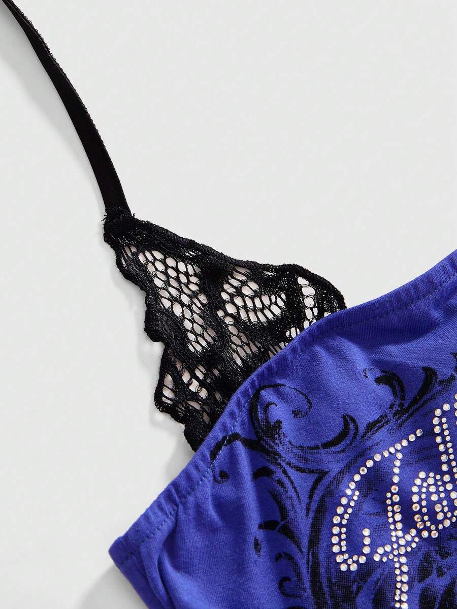 Women's cropped Y2K punk print halter cami top with contrast lace, backless knot detail, and slim fit knitted fabric