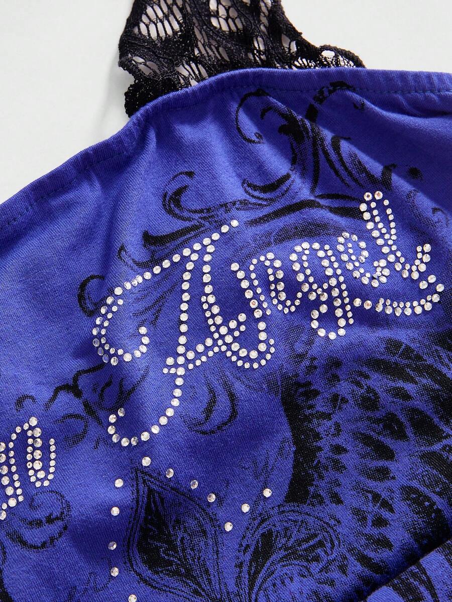 Women's cropped Y2K punk print halter cami top with contrast lace, backless knot detail, and slim fit knitted fabric