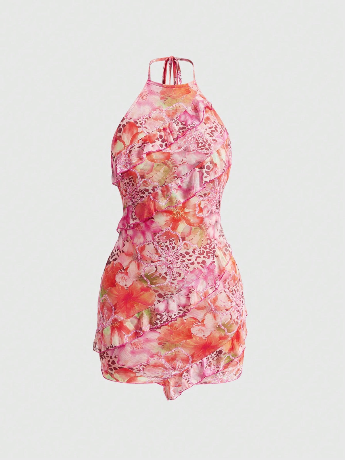 Women's brown boho halter mini dress with leopard and floral print, backless knot detail, contrast lace, slim fit, sleeveless cami style, and pencil hem.