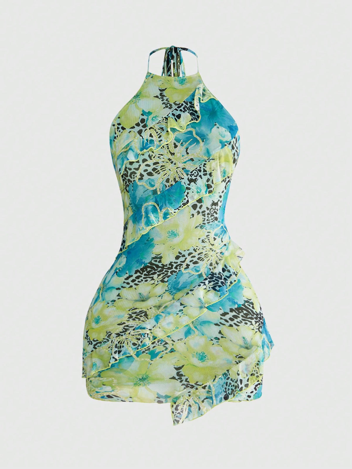 Women's brown boho halter mini dress with leopard and floral print, backless knot detail, contrast lace, slim fit, sleeveless cami style, and pencil hem.