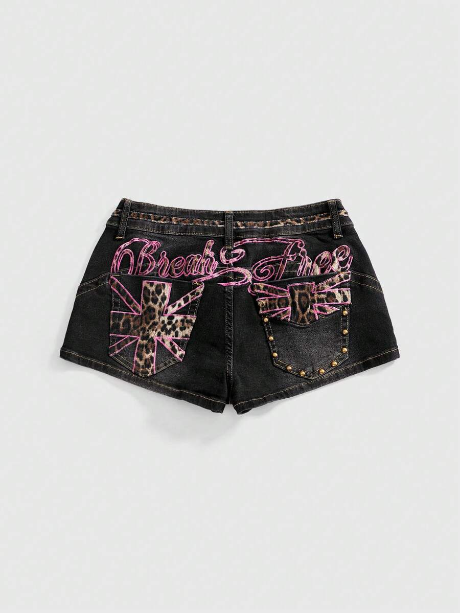 Women's super low waist shorts with leopard print embroidery, button and zipper closure, and raw hem detailing.