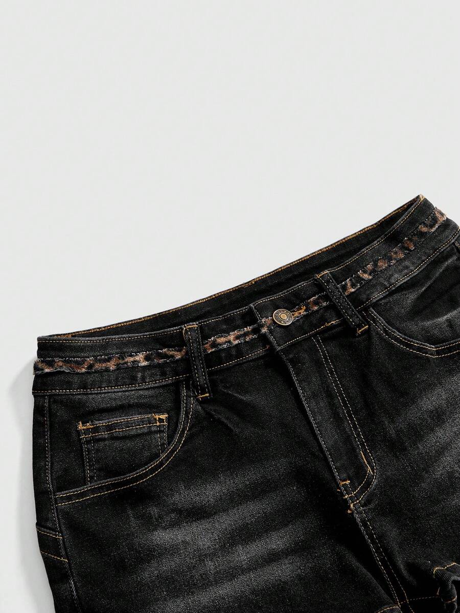 Women's super low waist shorts with leopard print embroidery, button and zipper closure, and raw hem detailing.