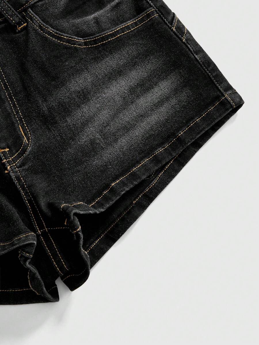 Women's super low waist shorts with leopard print embroidery, button and zipper closure, and raw hem detailing.