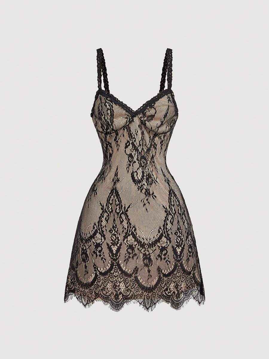Women's short lace cami dress with spaghetti straps, contrast lace detailing, high waist, slim fit, and straight hem.