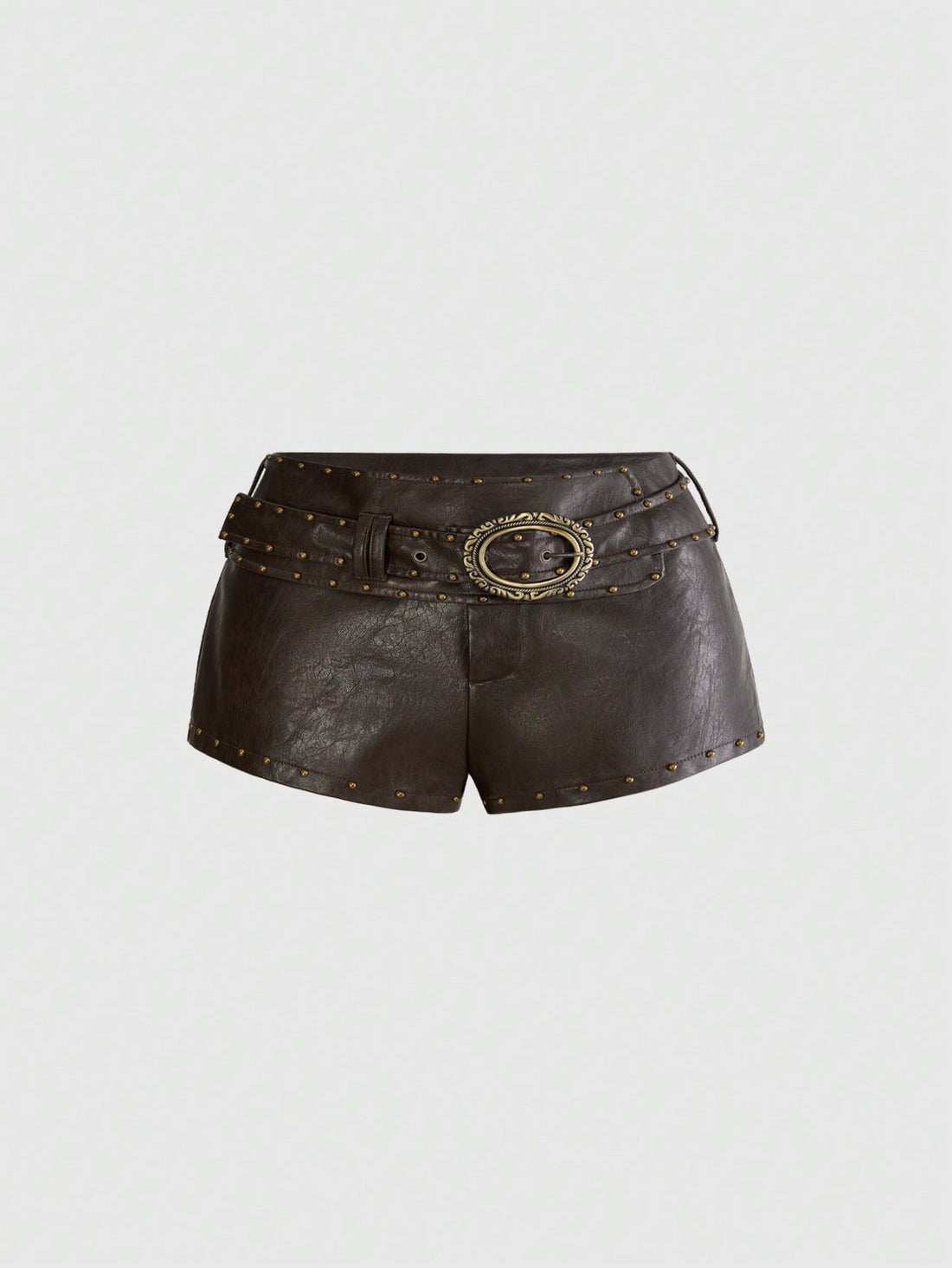 Brown ultra low waist PU bodycon mini shorts for women featuring studded rivet embellishments and a front zipper fly.