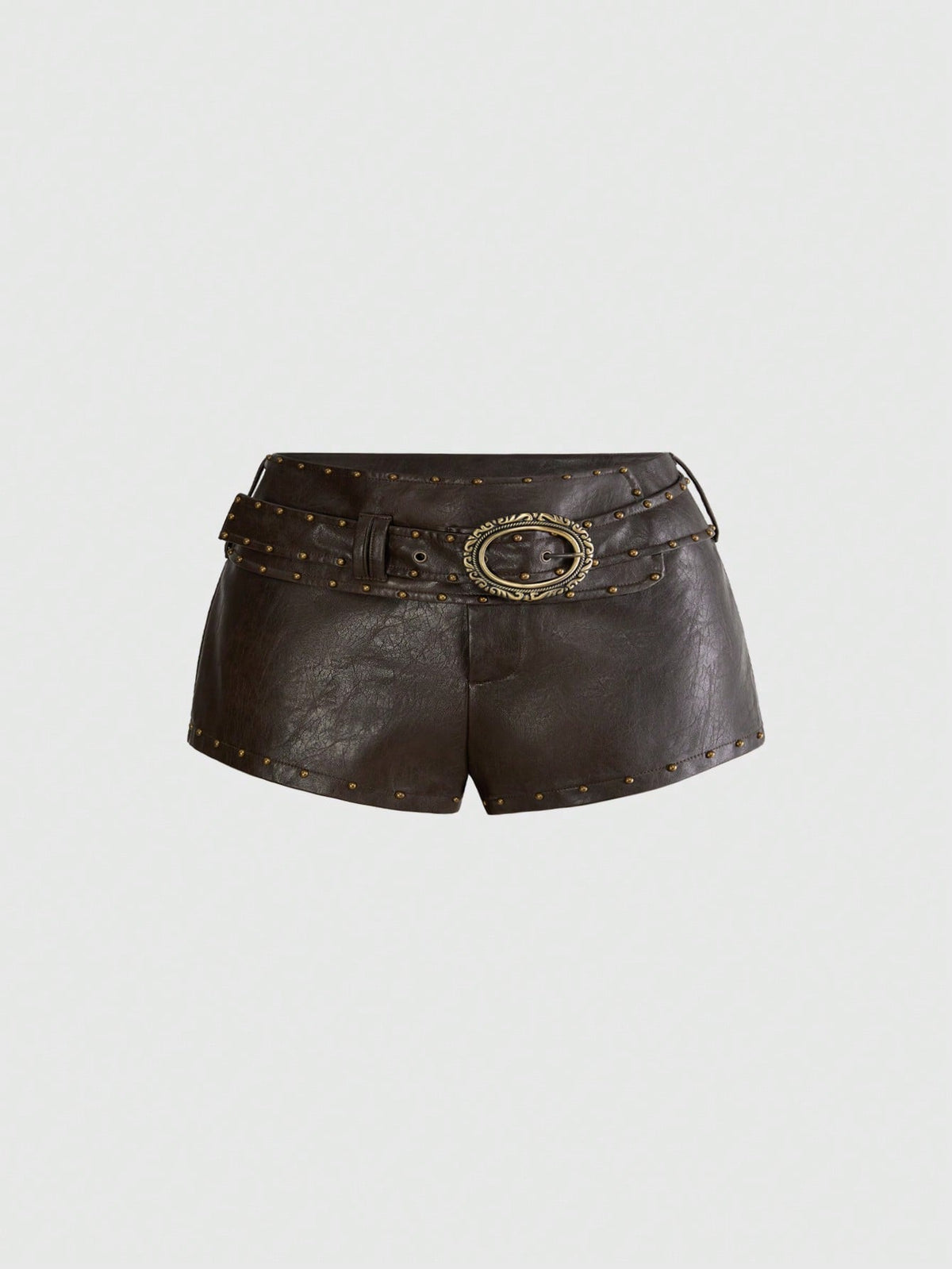 Brown ultra low waist PU bodycon mini shorts for women featuring studded rivet embellishments and a front zipper fly.