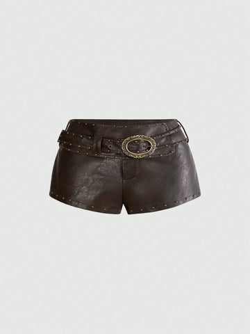 Brown ultra low waist PU bodycon mini shorts for women featuring studded rivet embellishments and a front zipper fly.