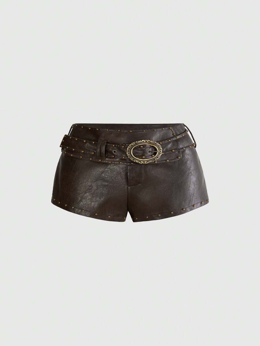 Brown ultra low waist PU bodycon mini shorts for women featuring studded rivet embellishments and a front zipper fly.