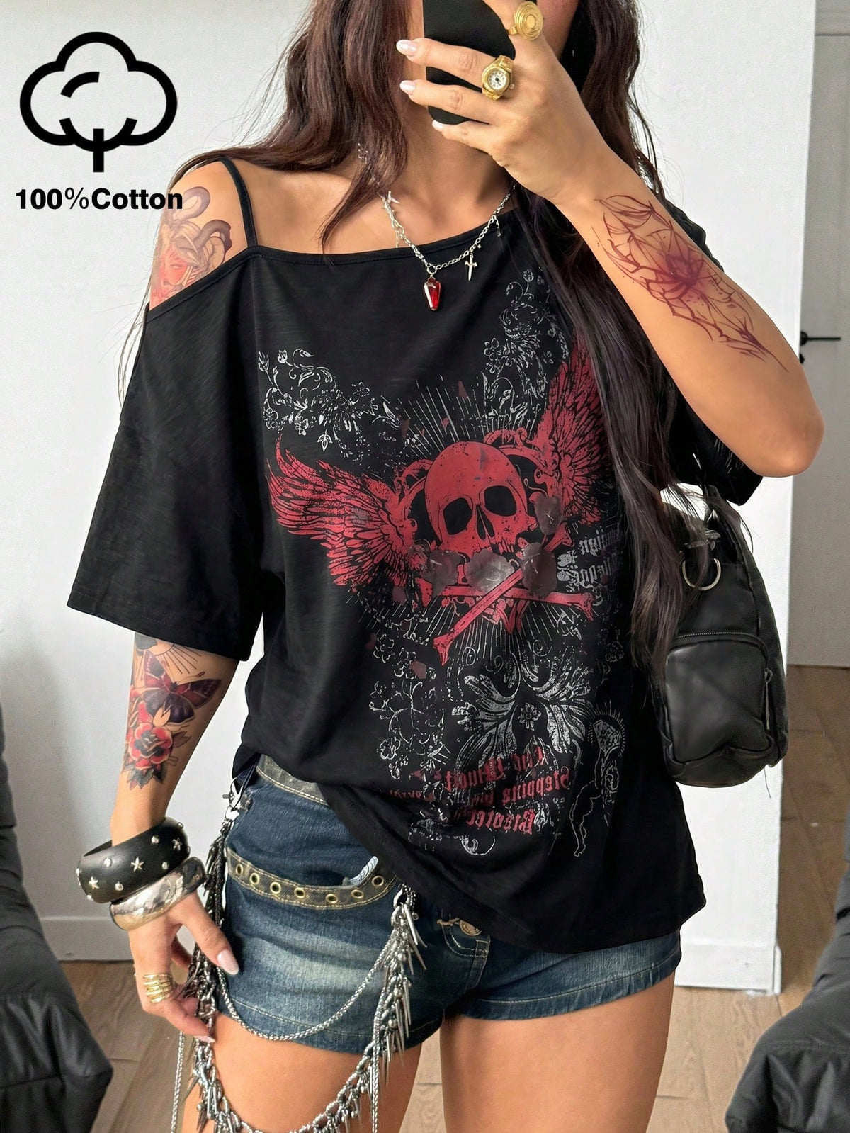 Women's casual loose fit cold shoulder cotton t-shirt with asymmetrical cutout neckline and short sleeves.