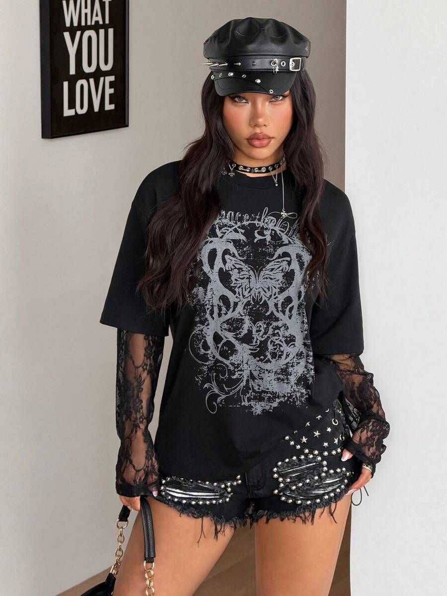 Women's casual graphic long sleeve t-shirt with a round neck, drop shoulder sleeves, and loose relaxed fit.