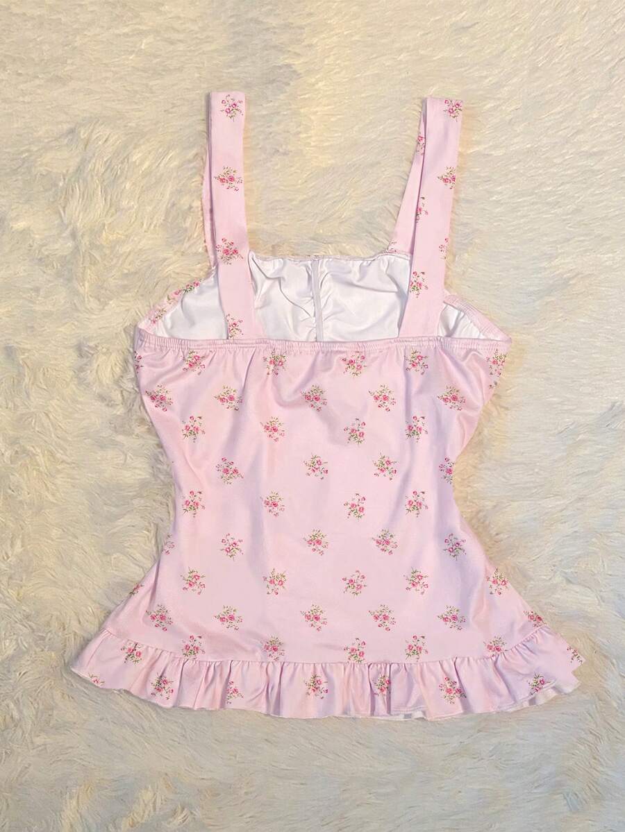 Women's retro slim-fit crop top featuring wide straps, ruched shirred detailing, asymmetrical ruffle hem, and cute bow accent.
