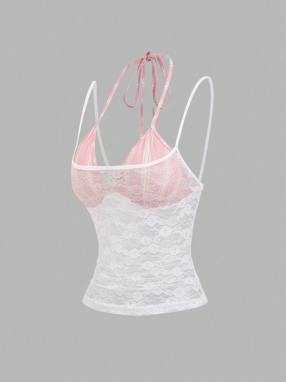 Women's black lace halter crop camisole featuring tie-back details, slim fit design, and matching arm sleeves.