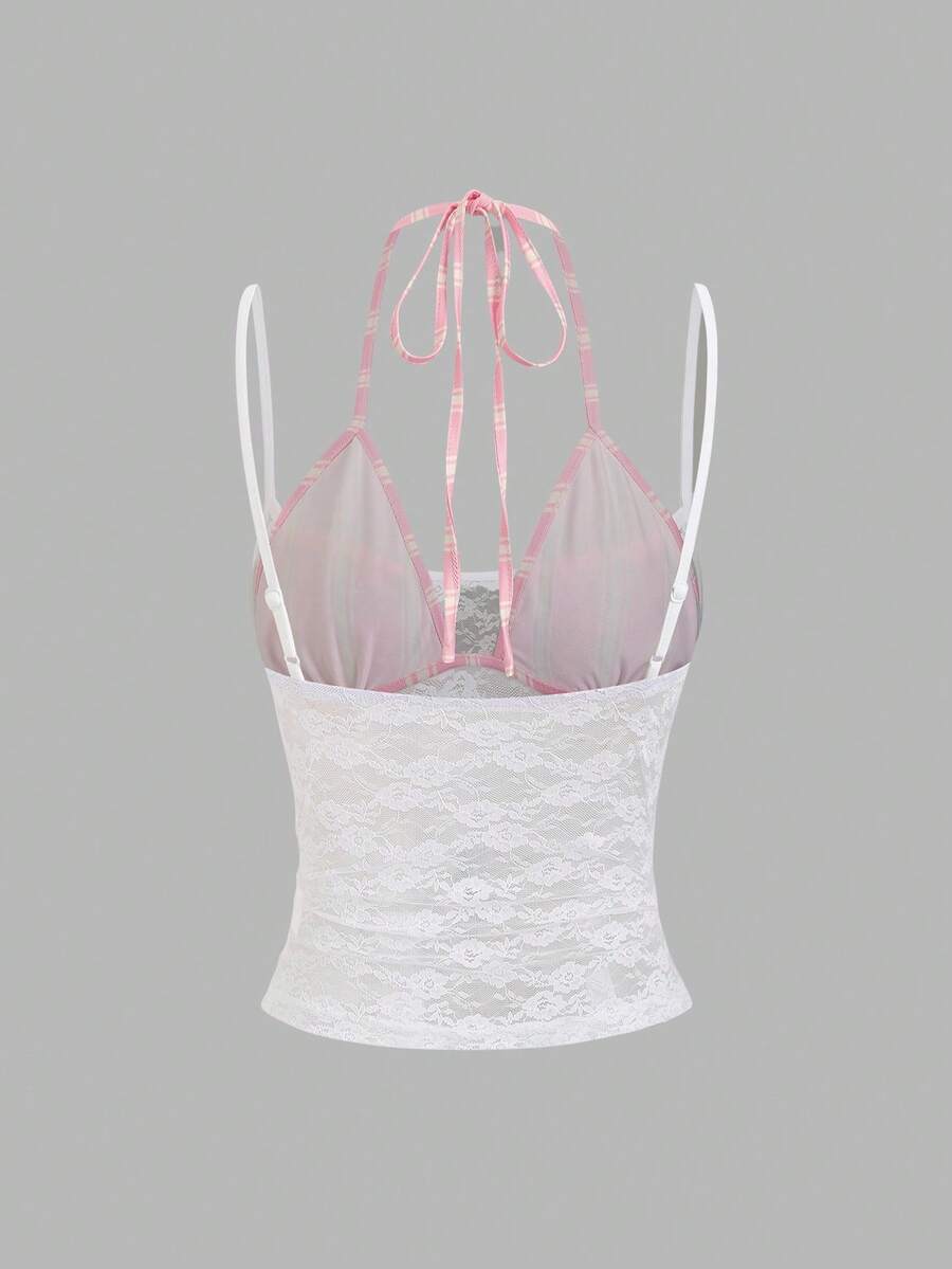 Women's black lace halter crop camisole featuring tie-back details, slim fit design, and matching arm sleeves.