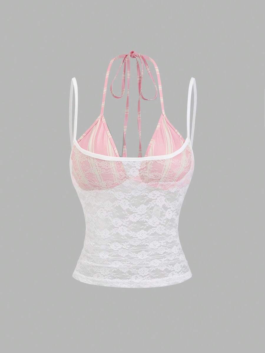 Women's black lace halter crop camisole featuring tie-back details, slim fit design, and matching arm sleeves.