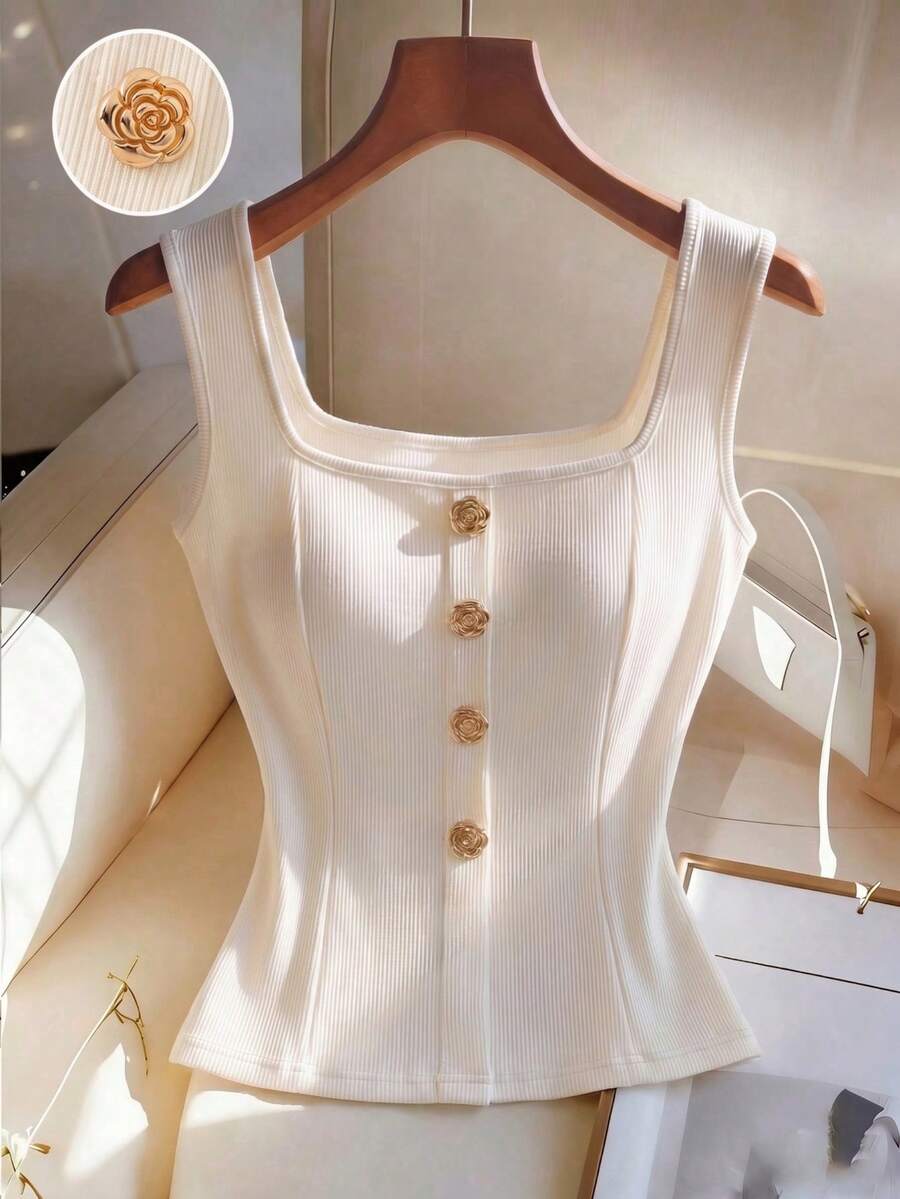 Women's slim fit square neck sleeveless knit tank top featuring a front faux placket with decorative gold metal buttons.