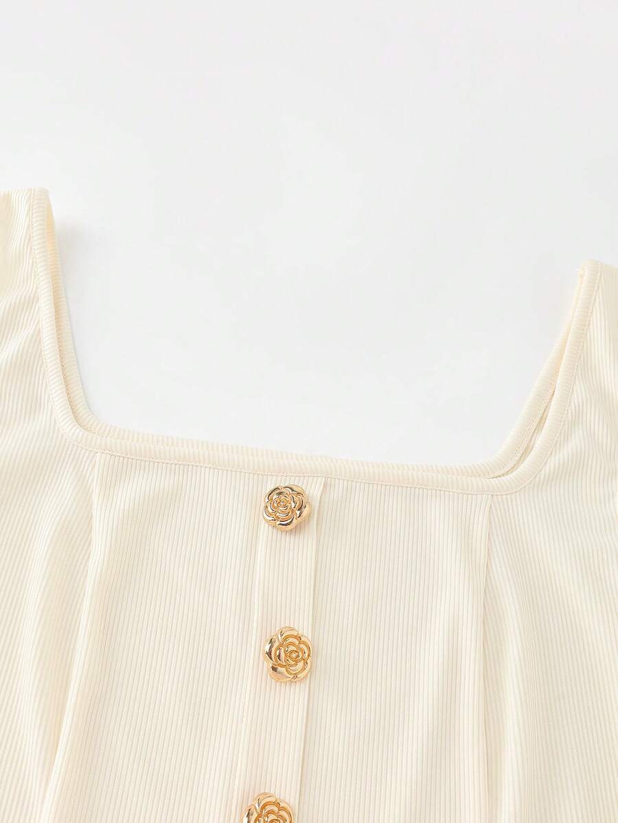 Women's slim fit square neck sleeveless knit tank top featuring a front faux placket with decorative gold metal buttons.
