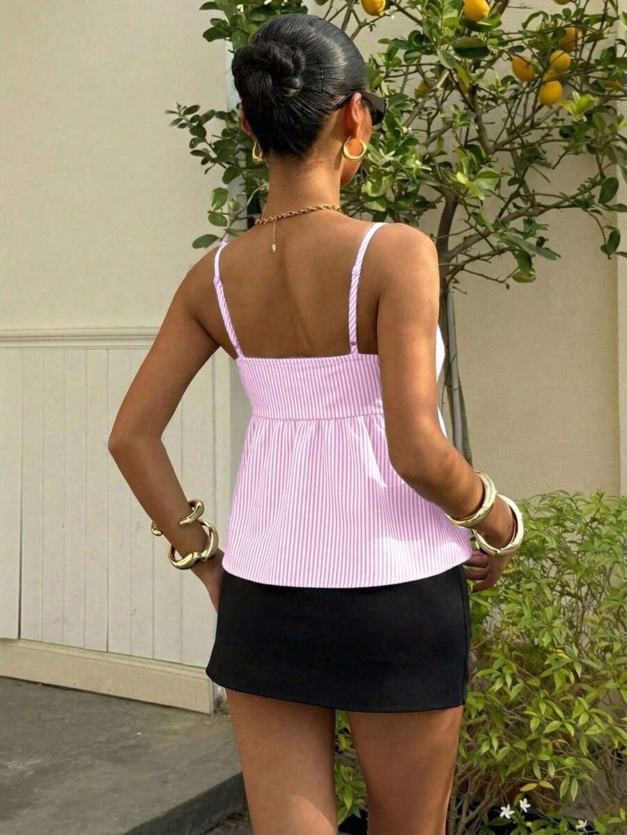 Women's casual geometric cami top with spaghetti straps, backless wrap styling, button front, and asymmetrical hem.