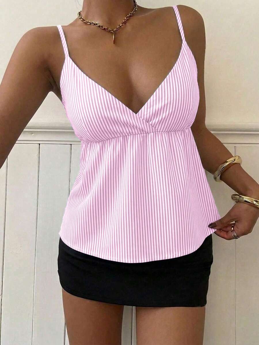 Women's casual geometric cami top with spaghetti straps, backless wrap styling, button front, and asymmetrical hem.