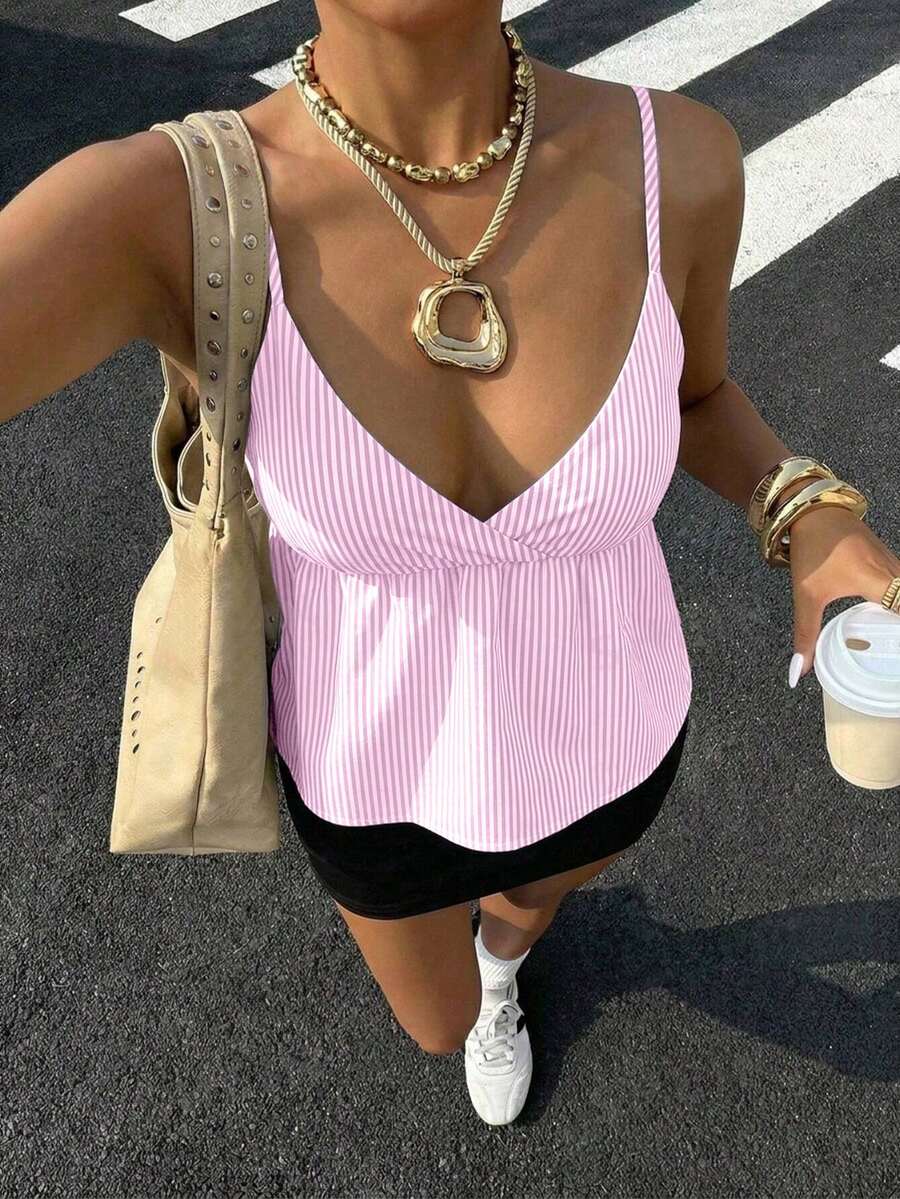 Women's casual geometric cami top with spaghetti straps, backless wrap styling, button front, and asymmetrical hem.