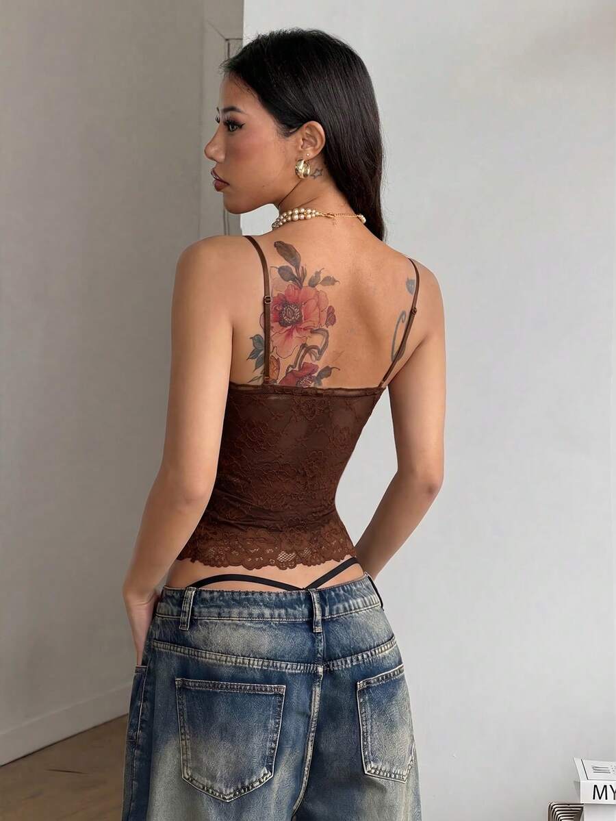 Slim fit women's lace cami tank top with spaghetti straps and contrast lace detailing