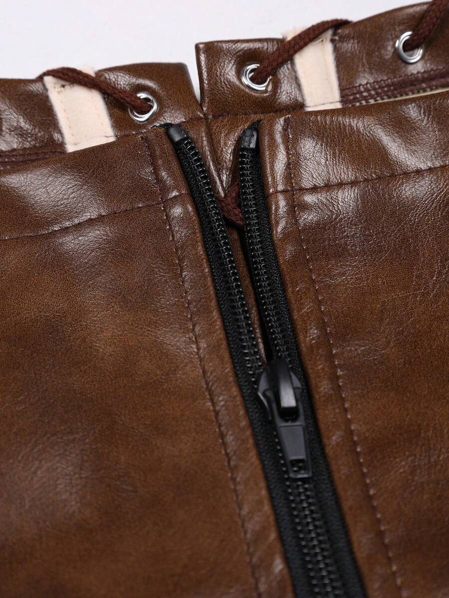 Front view of a brown punk style boned halter crop top featuring a waist strap with a metal ring, backless tie back, and sleeveless slim fit.