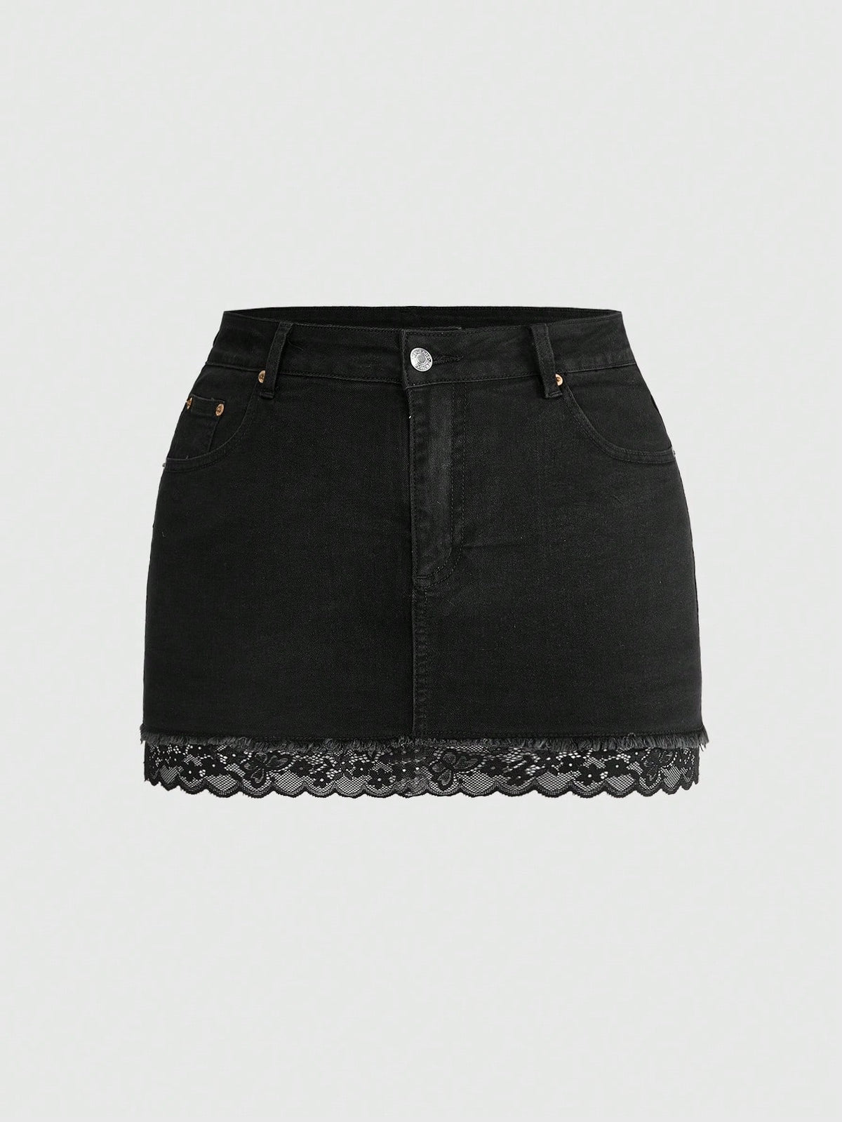 Front view of a women's plus size denim mini skirt with contrast lace trim and a fitted silhouette.