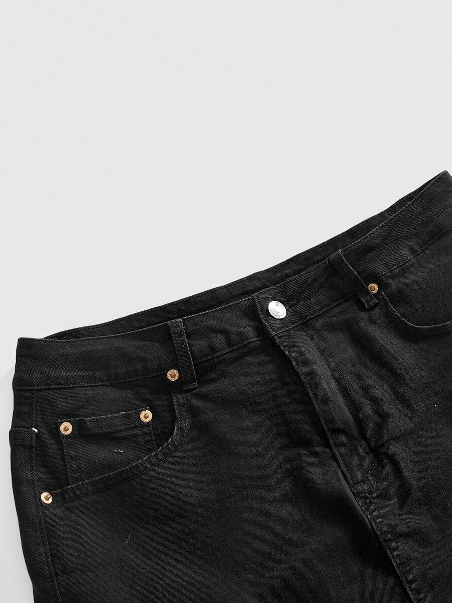 Front view of a women's plus size denim mini skirt with contrast lace trim and a fitted silhouette.
