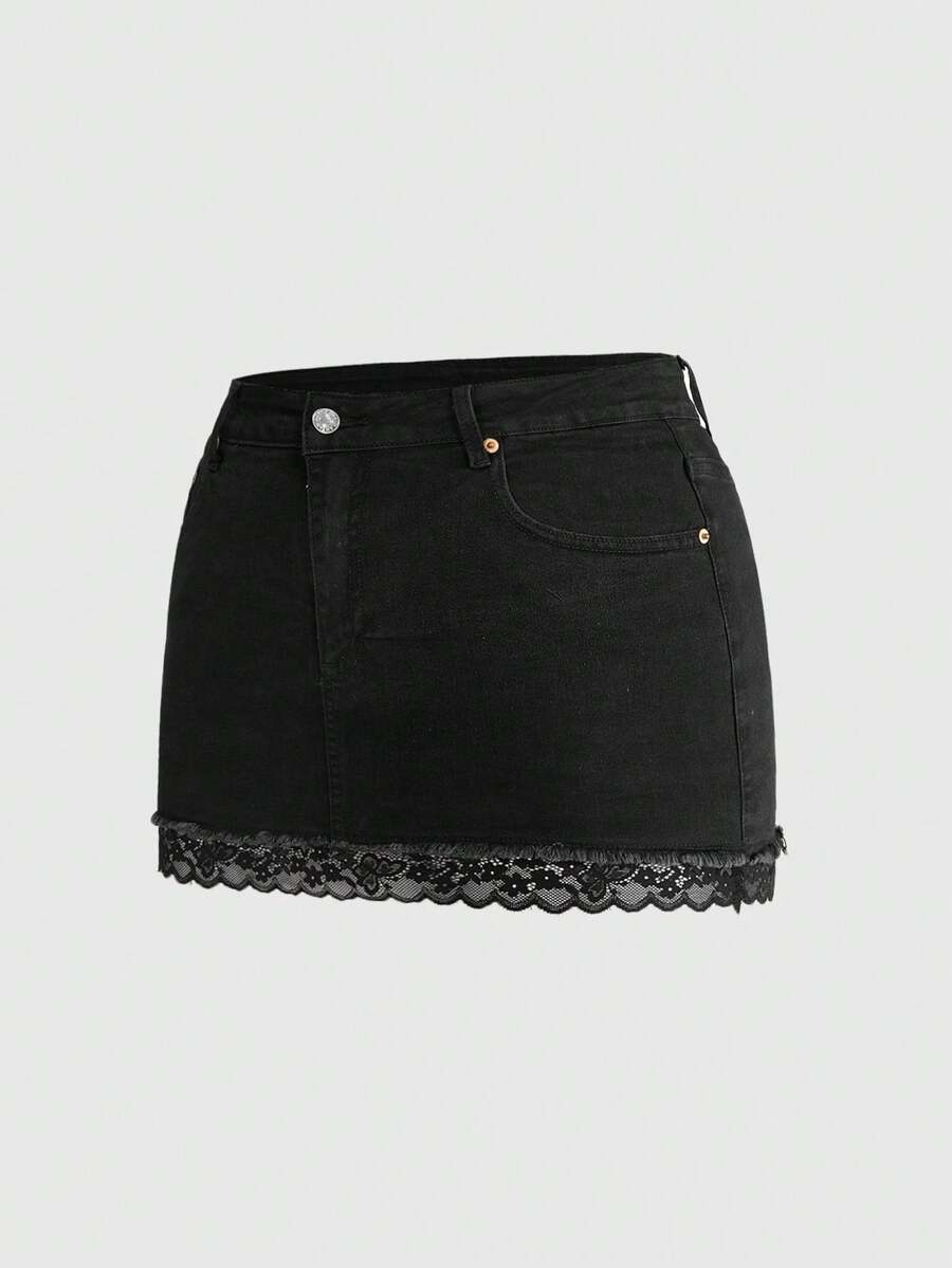 Front view of a women's plus size denim mini skirt with contrast lace trim and a fitted silhouette.