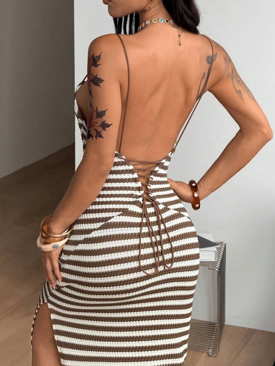 Women's backless cami midi dress in dark grey knit fabric featuring spaghetti straps, lace-up back design, and a split thigh slit.