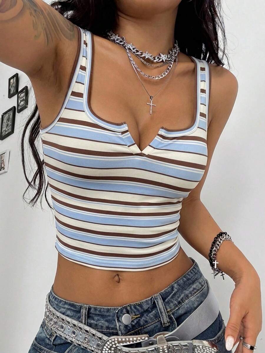 Women's striped rib-knit crop tank top with a notched neckline and slim fit.