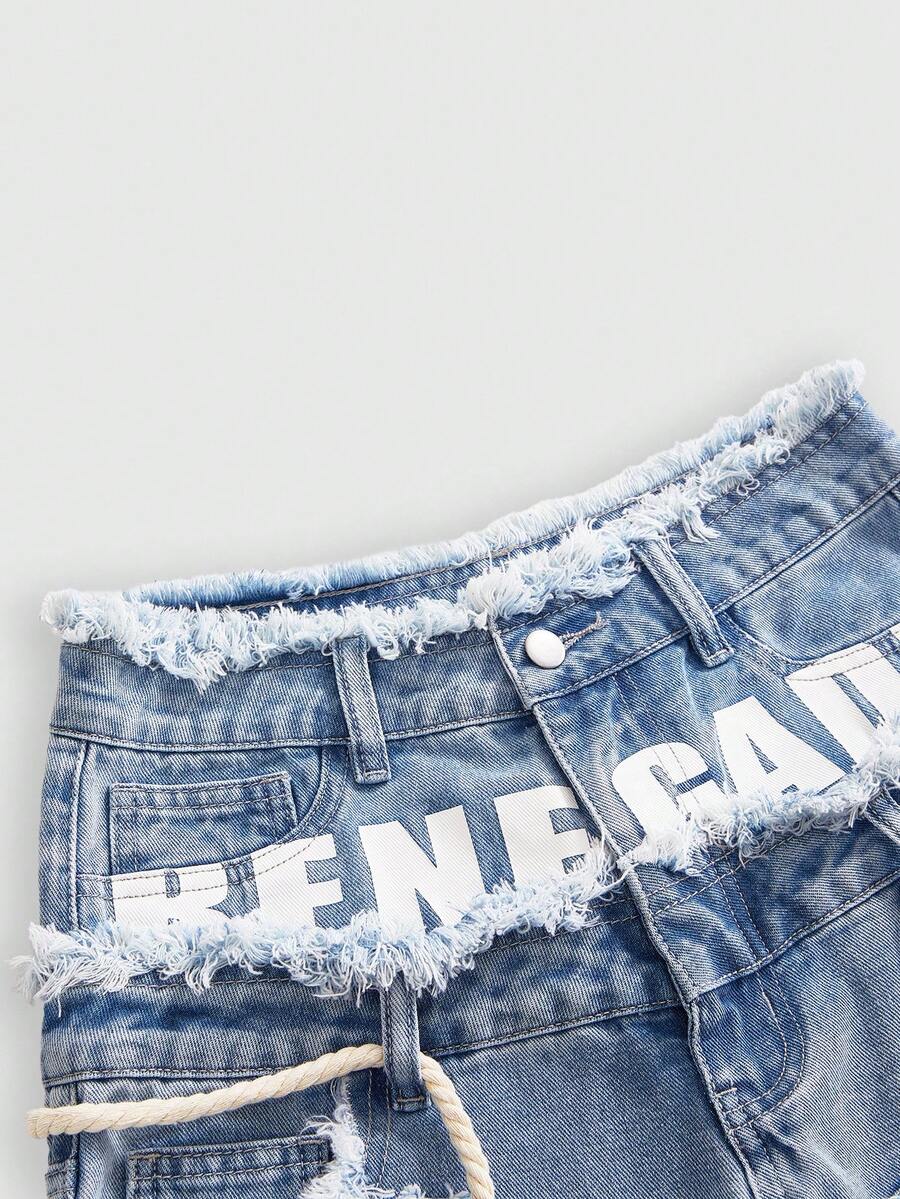 Women's blue denim bermuda shorts featuring a double waistband, star patch detail, ripped accents, and zipper fly closure.