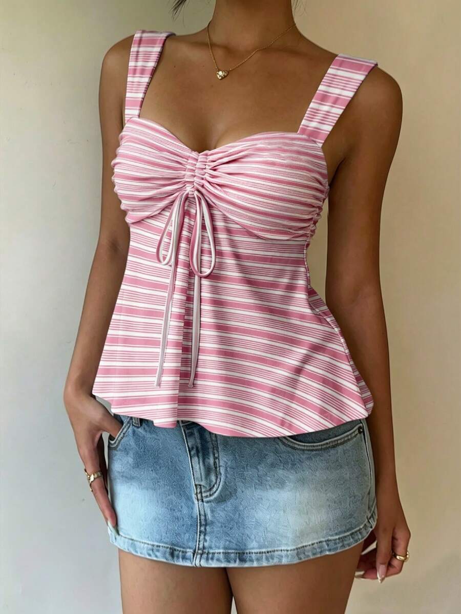 Women's striped camisole tank top with strap neckline, backless knot detail, cold shoulder styling, slim fit, and flared hem for casual vacation or daily wear.