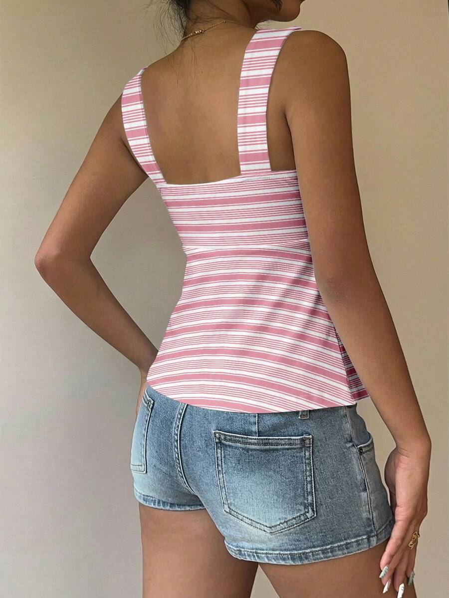 Women's striped camisole tank top with strap neckline, backless knot detail, cold shoulder styling, slim fit, and flared hem for casual vacation or daily wear.
