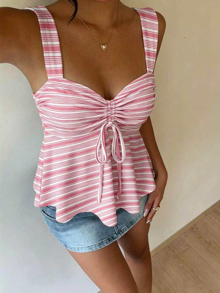 Women's striped camisole tank top with strap neckline, backless knot detail, cold shoulder styling, slim fit, and flared hem for casual vacation or daily wear.