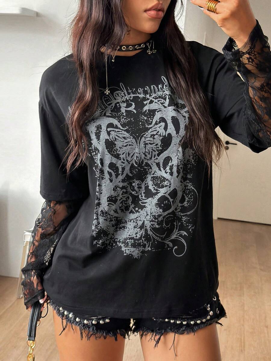 Women's casual graphic long sleeve t-shirt with a round neck, drop shoulder sleeves, and loose relaxed fit.
