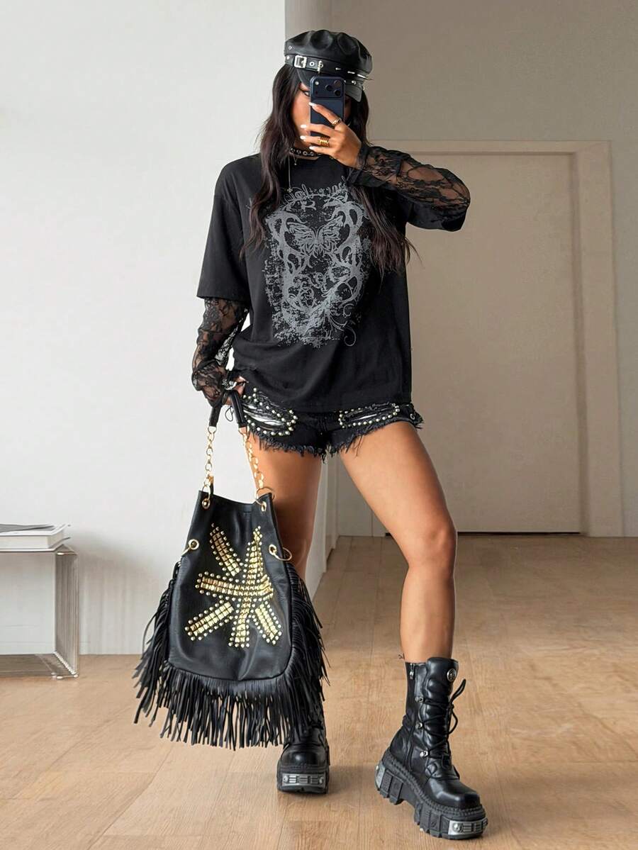 Women's casual graphic long sleeve t-shirt with a round neck, drop shoulder sleeves, and loose relaxed fit.