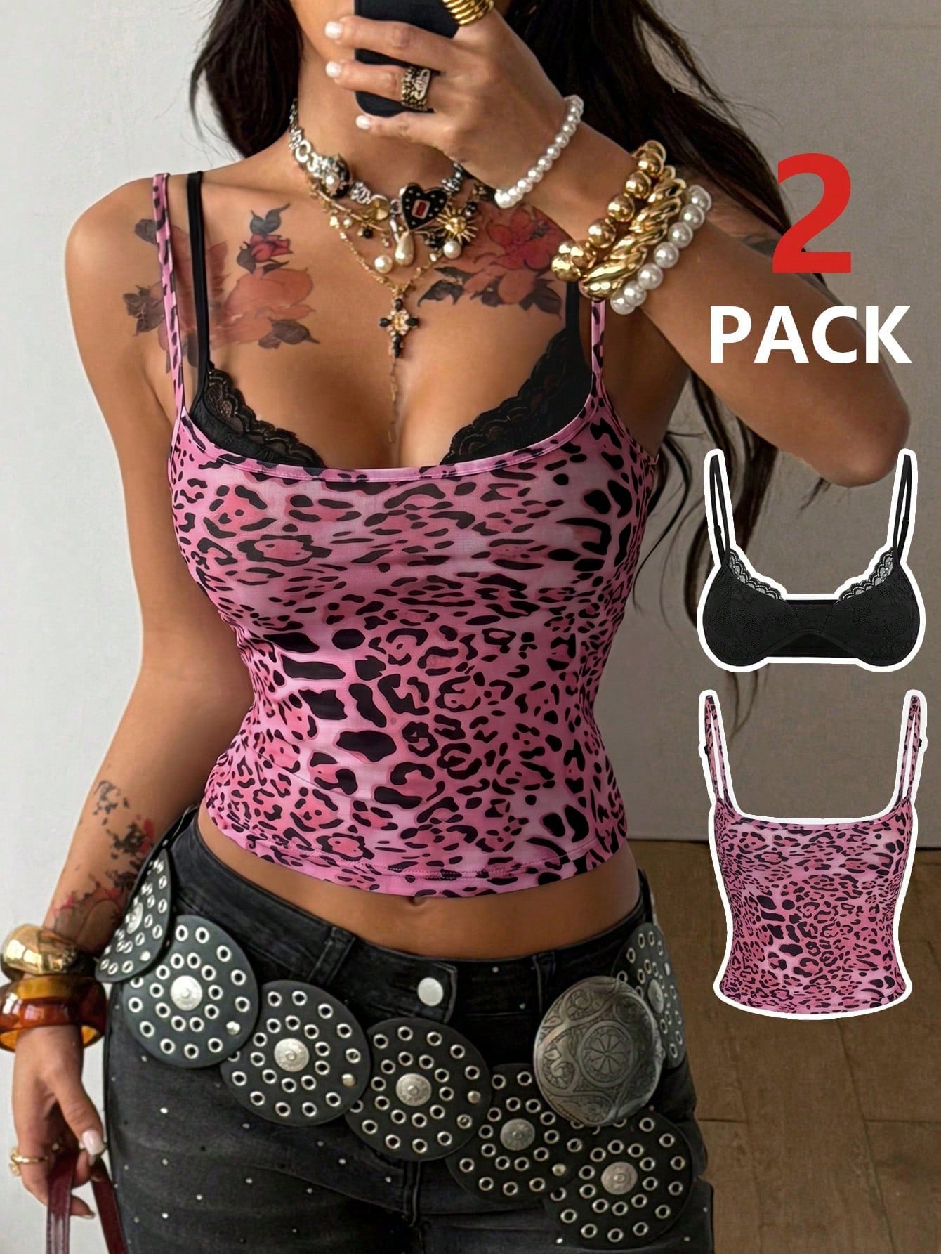 Women's pink leopard print crop camisole with spaghetti straps paired with a black lace spaghetti strap bra in a 2-piece set