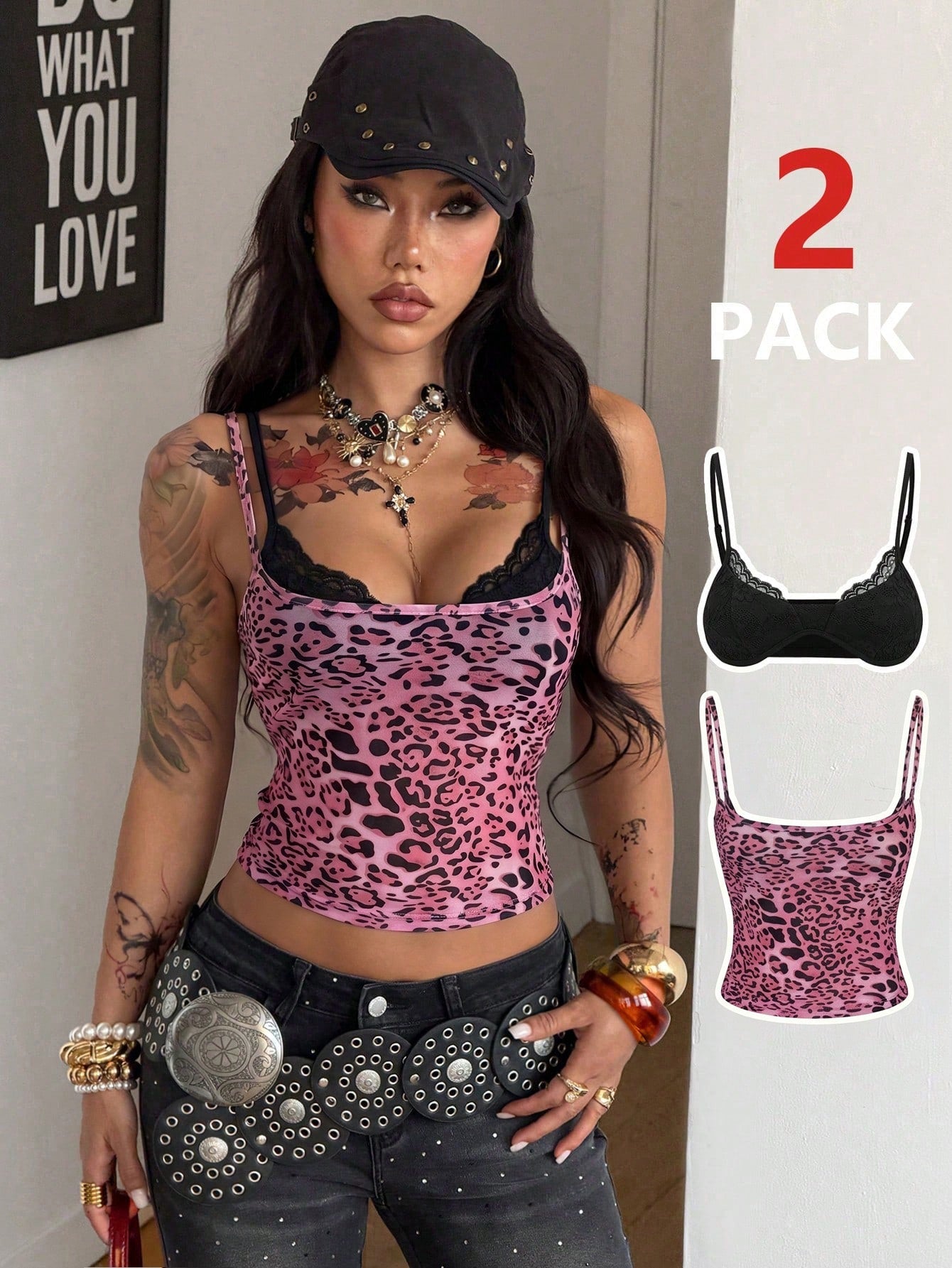 Women's pink leopard print crop camisole with spaghetti straps paired with a black lace spaghetti strap bra in a 2-piece set
