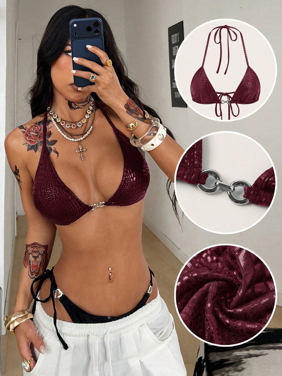Women's slim fit halter crop top featuring a backless cut with knot and rhinestone accents.