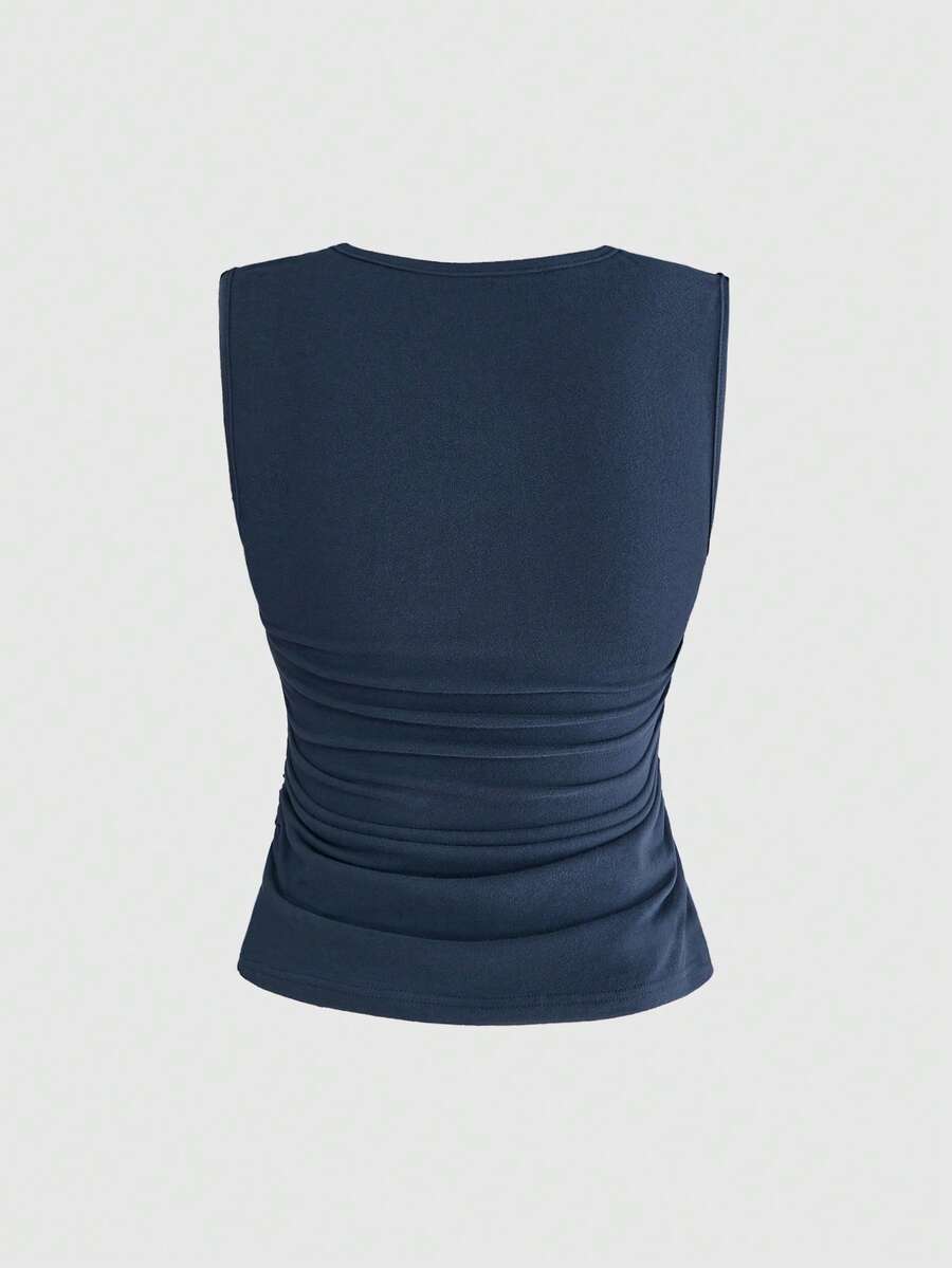 Fitted women's ruched tank top in stretch cotton knit featuring a square neckline and letter print pattern.