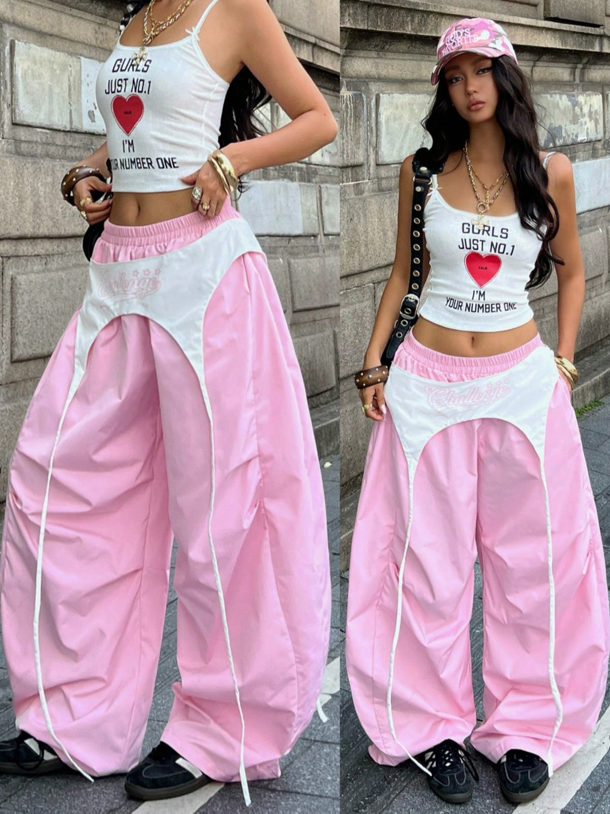Women's casual wide leg long pants featuring an elastic drawstring waistband and loose fit silhouette.