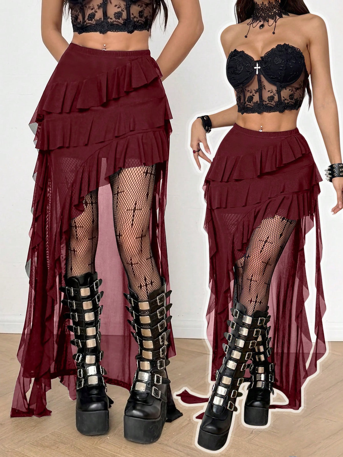 Women's low rise asymmetrical long skirt with ruffle hem detailing in semi-sheer knitted fabric.