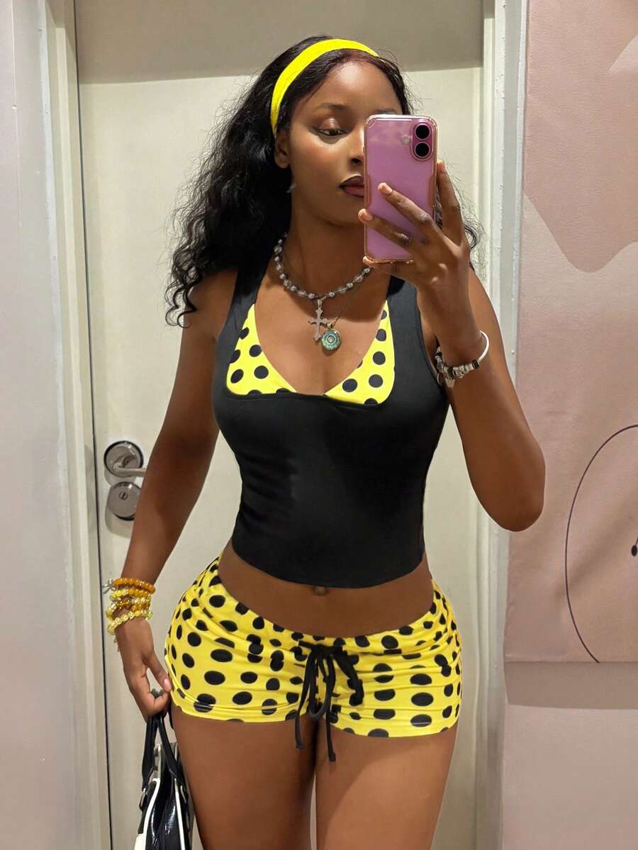 Women's polka dot patchwork 2-in-1 halter camisole and shorts 2-piece set in multicolor featuring drawstring and knot details.