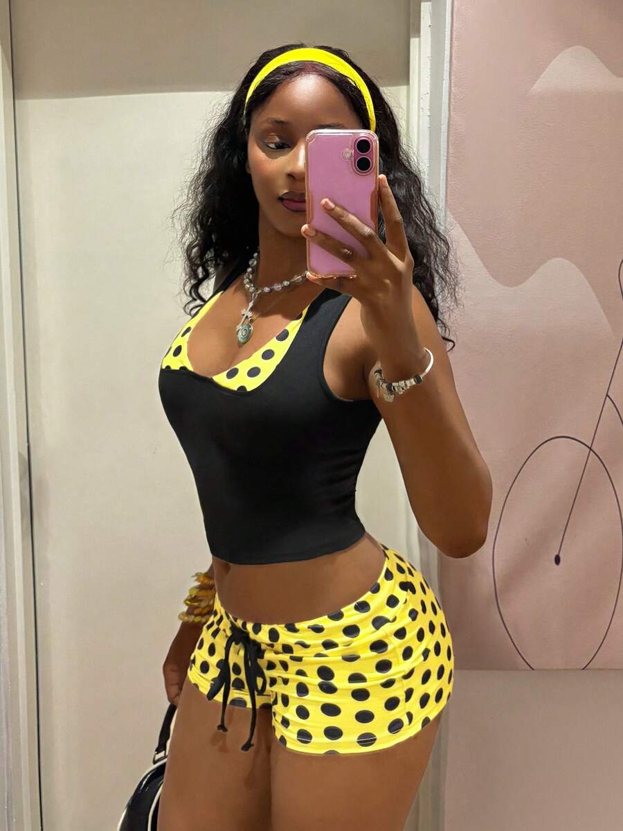 Women's polka dot patchwork 2-in-1 halter camisole and shorts 2-piece set in multicolor featuring drawstring and knot details.