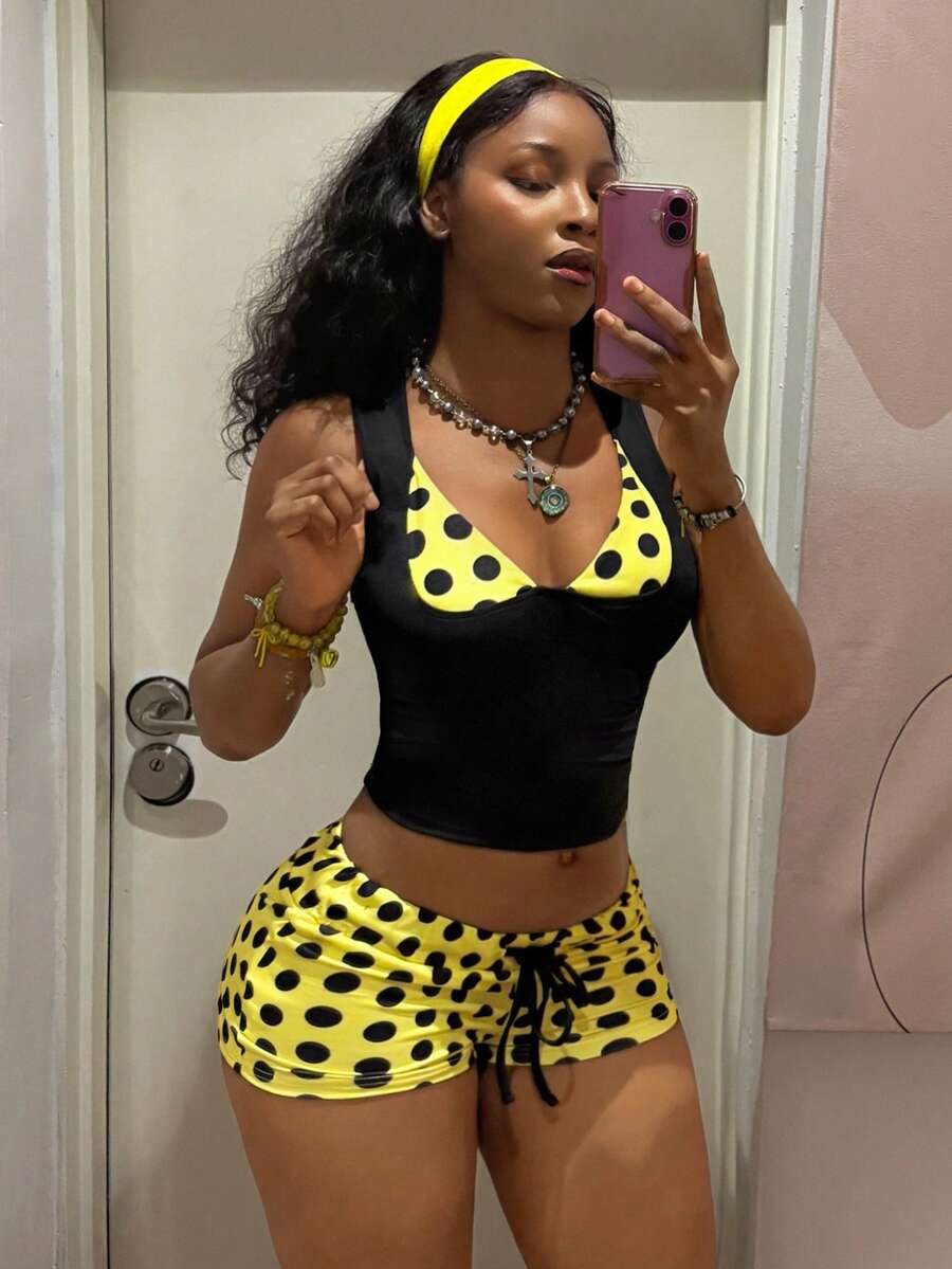 Women's polka dot patchwork 2-in-1 halter camisole and shorts 2-piece set in multicolor featuring drawstring and knot details.
