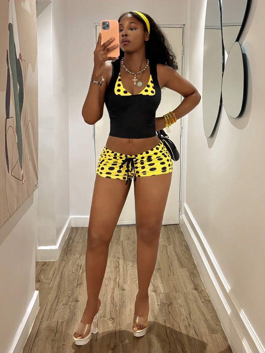 Women's polka dot patchwork 2-in-1 halter camisole and shorts 2-piece set in multicolor featuring drawstring and knot details.