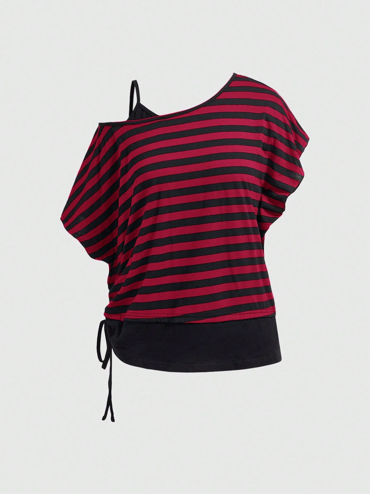 Women's striped t-shirt featuring an asymmetric cold shoulder neckline, batwing short sleeves, and ruched drawstring details in a loose knit fit.