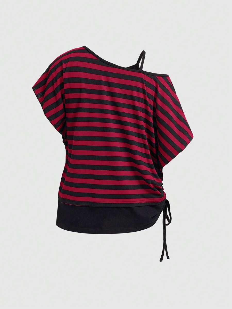 Women's striped t-shirt featuring an asymmetric cold shoulder neckline, batwing short sleeves, and ruched drawstring details in a loose knit fit.