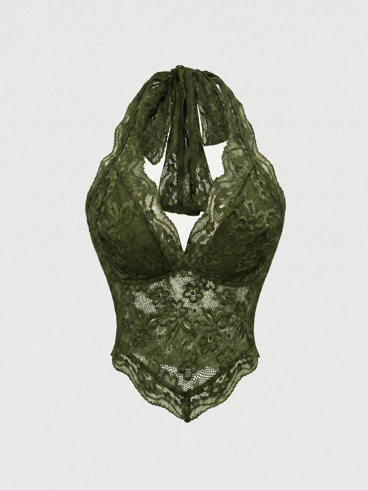 Women's lace halter neck crop top with backless tie closure, scallop trim, and asymmetrical hem.