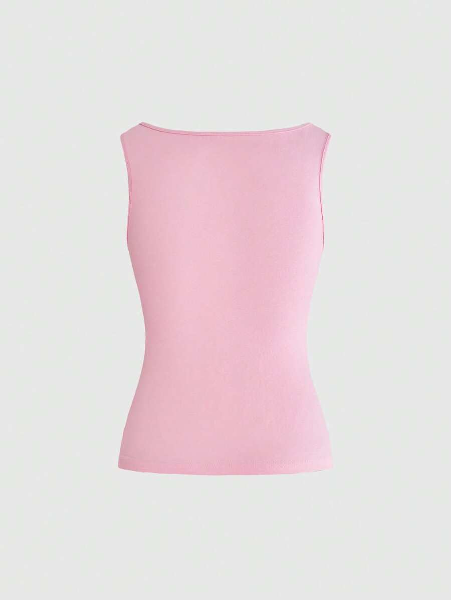 Front view of women's round neck slim fit cotton knit camisole featuring fringe ripped hollow-out detailing.